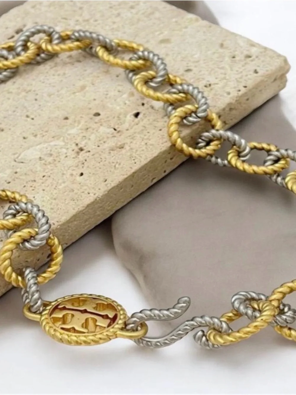 NWT TORY BURCH Silver & Gold-Tone Chunky Rope Chain Link Necklace Toggle Clasp